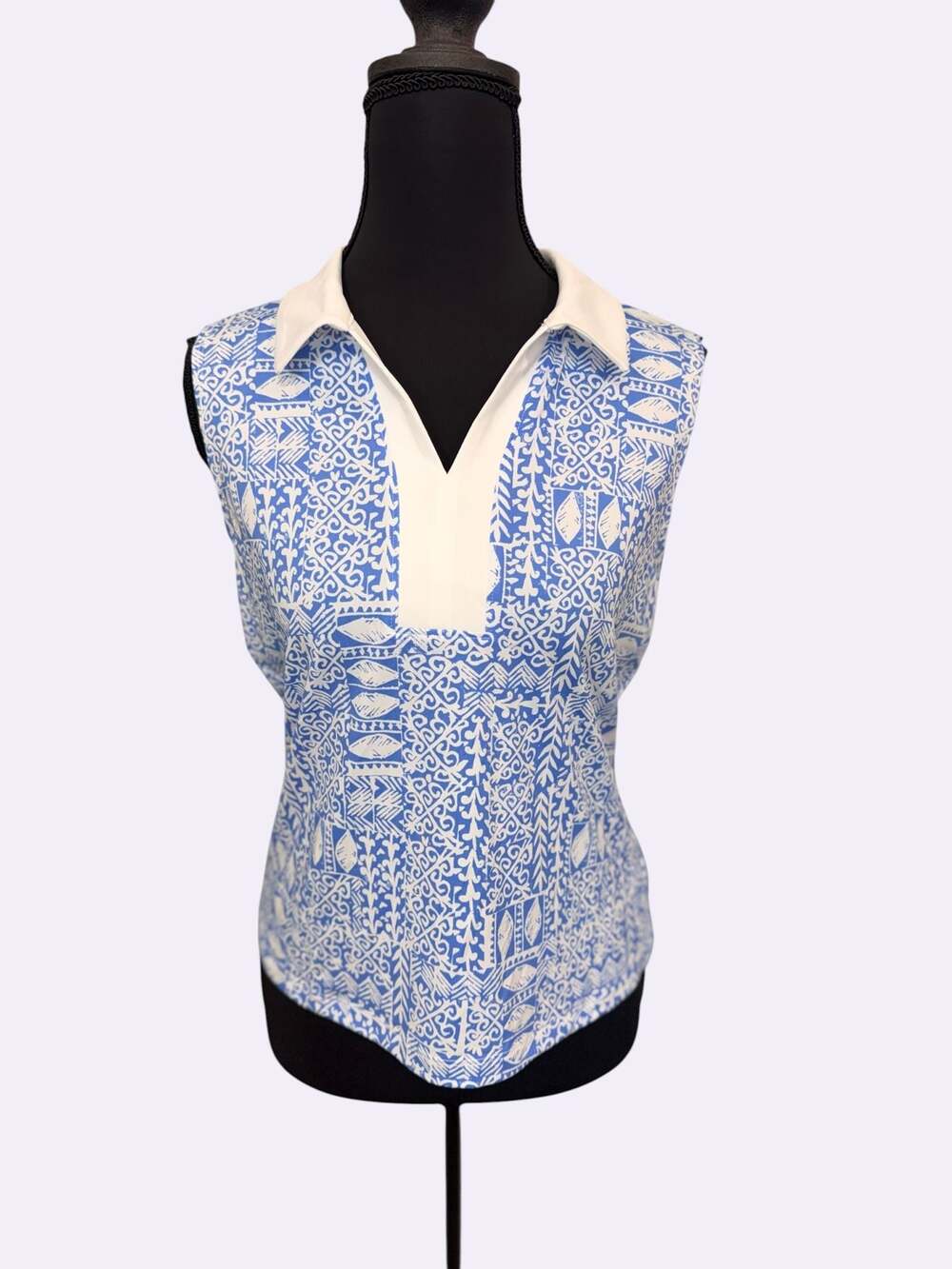 Sigrid Olsen Golf/Tennis Sleeveless Polo Blue White Geometric Size S UPF 50